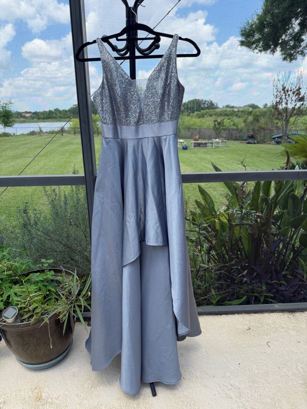 Ever Pretty Silver Sequin V-Neck High-Low Gown
